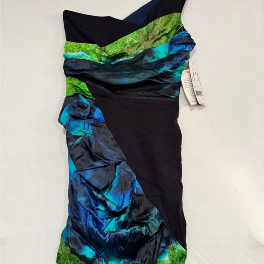 Nicole Miller Black‎ and Green Ruched One Shoulder Cocktail Dress Size 6